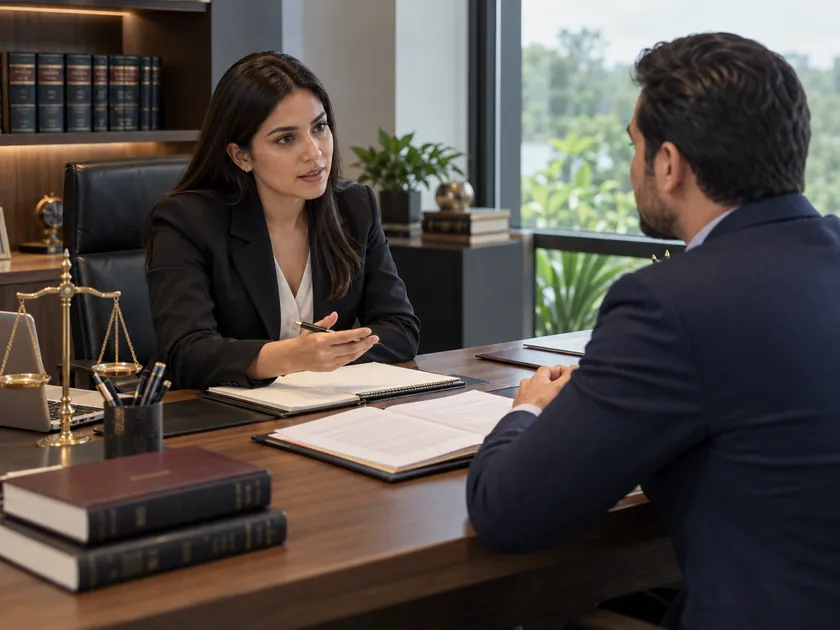 Abogada explicando asuntos legales de una empresa a un cliente