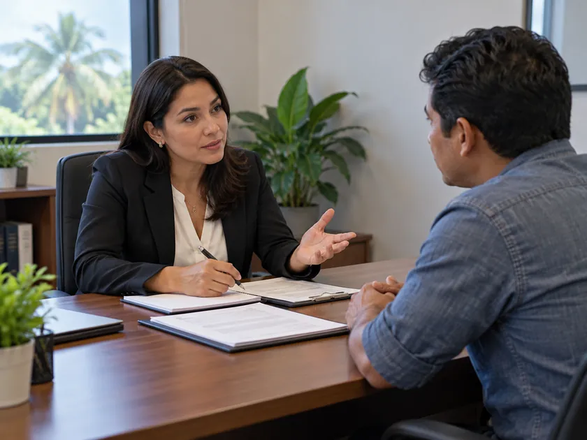 Asesora conversando con un trabajador sobre sus consultas legales y laborales